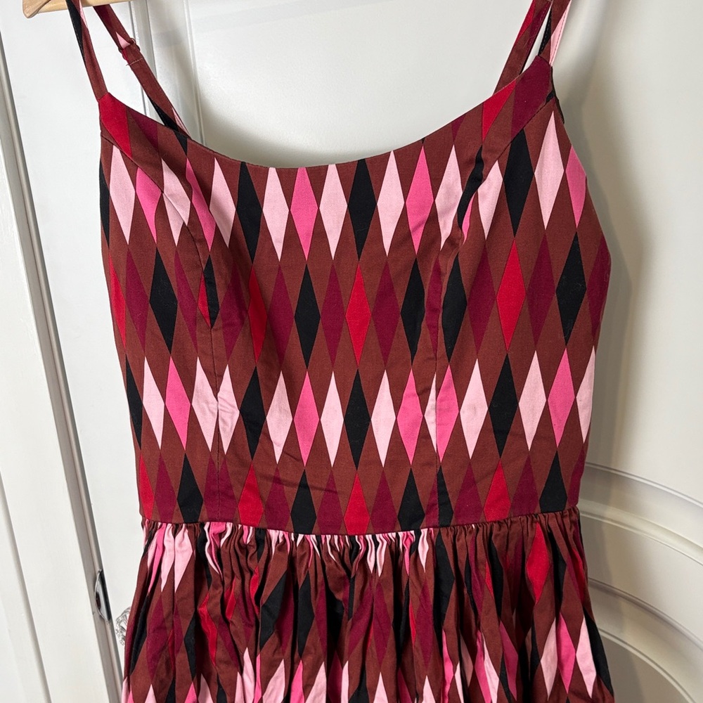 Pinup Girl Clothing Harlequin Geometric Patterned Dress in Red Brown Pink Black